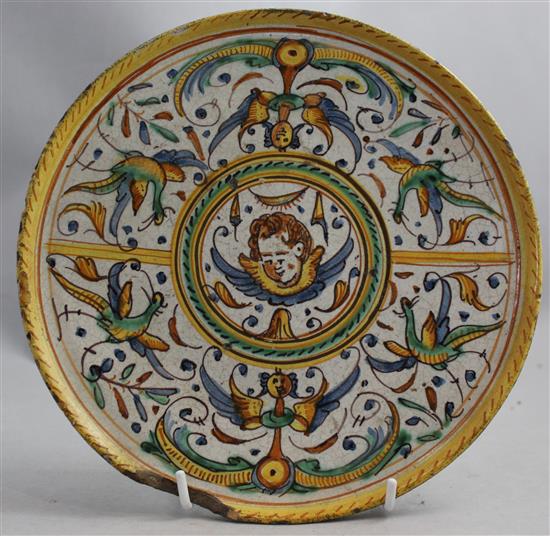 A Deruta maiolica tazza, Italy, first half 17th century, 22.7cm, some losses